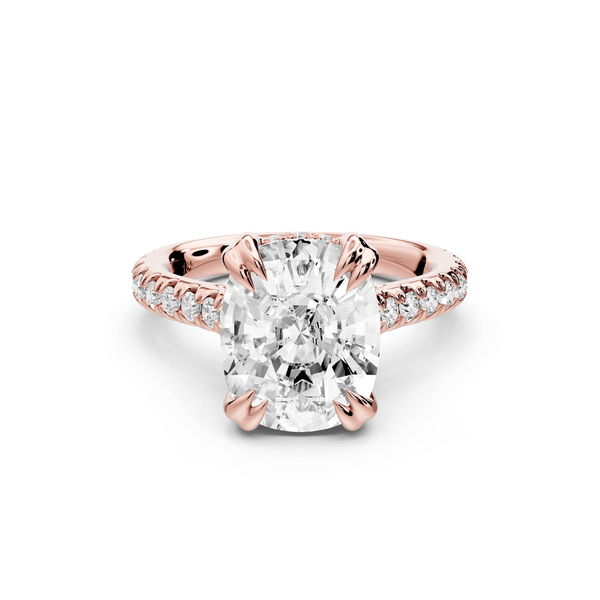 Isabella - 5ct 14k rose gold ecushion hidden halo diamond bridge cathedral pavé engagement ring - Mr. Alex Jewelry