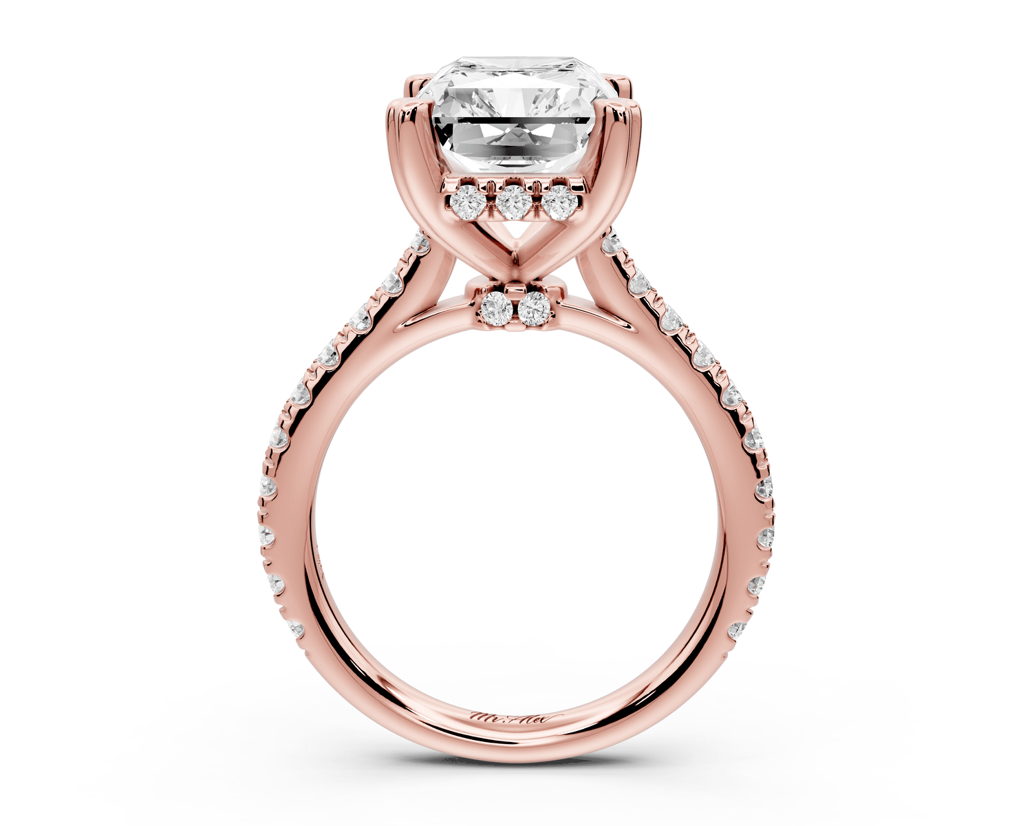 Isabella - 5ct 14k rose gold radiant hidden halo diamond bridge cathedral pavé engagement ring - Mr. Alex Jewelry