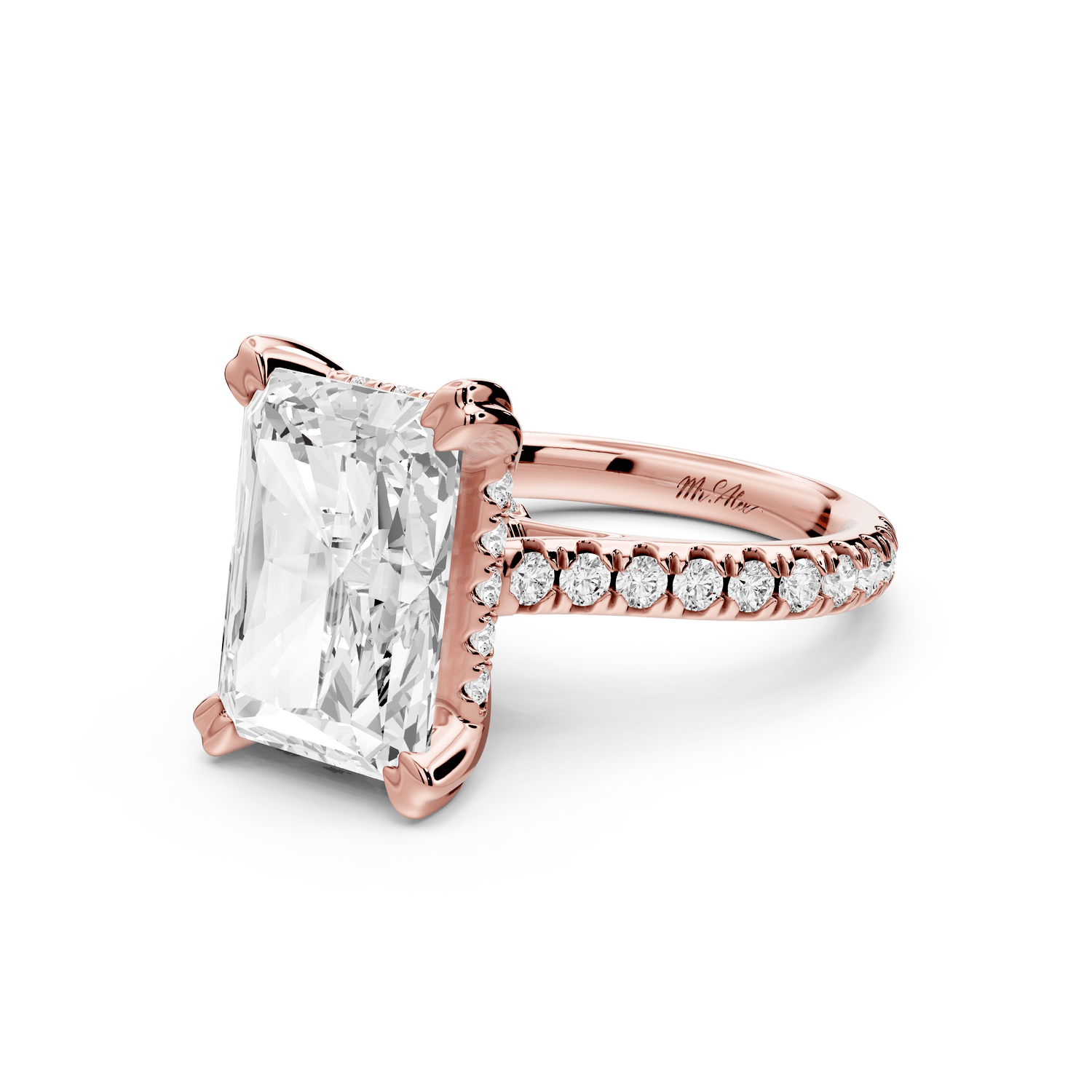 Isabella - 5ct 14k rose gold radiant hidden halo diamond bridge cathedral pavé engagement ring - Mr. Alex Jewelry