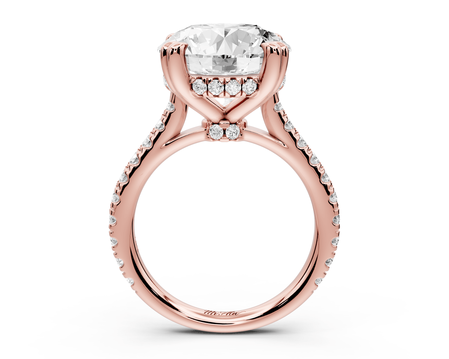 Isabella - 5ct 14k rose gold round hidden halo diamond bridge cathedral pavé engagment ring - Mr. Alex Jewelry