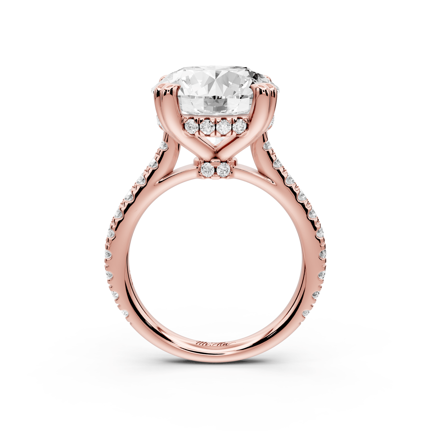 Isabella - 5ct 14k rose gold round hidden halo diamond bridge cathedral pavé engagment ring - Mr. Alex Jewelry