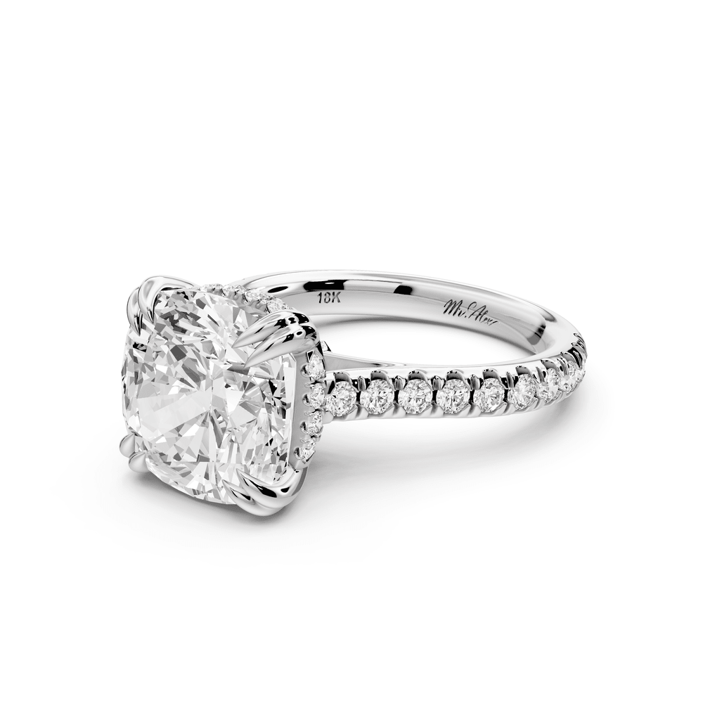 Isabella - 5ct 14k white gold cushion hidden halo diamond bridge cathedral pavé engagement ring - Mr. Alex Jewelry