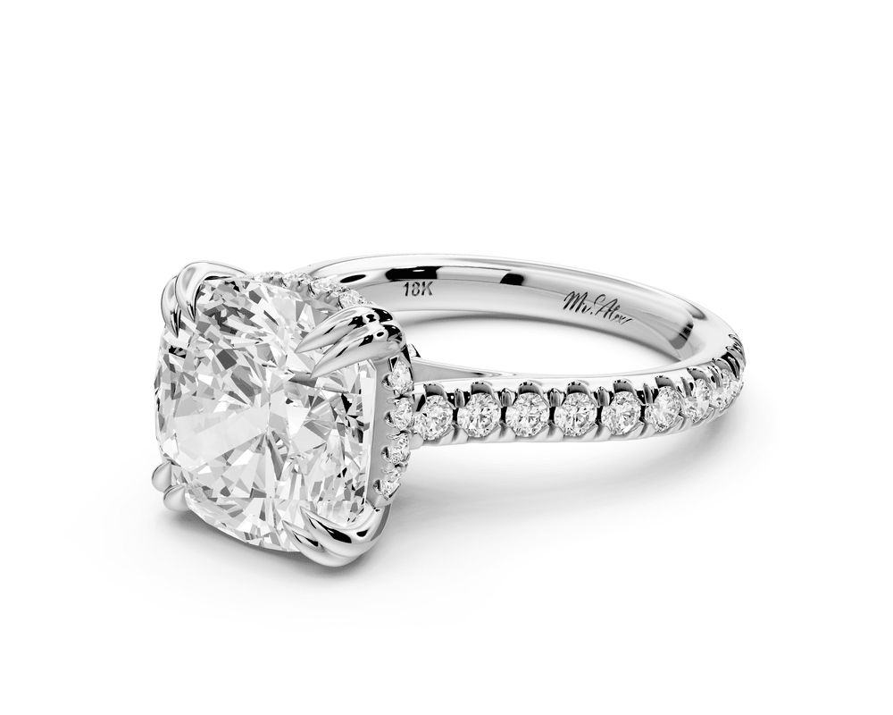Isabella - 5ct 14k white gold cushion hidden halo diamond bridge cathedral pavé engagement ring - Mr. Alex Jewelry