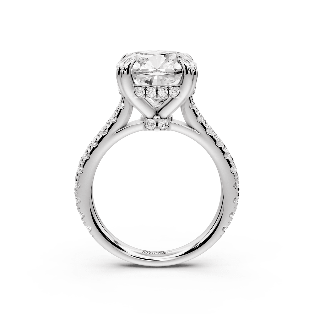 Isabella - 5ct 14k white gold cushion hidden halo diamond bridge cathedral pavé engagement ring - Mr. Alex Jewelry