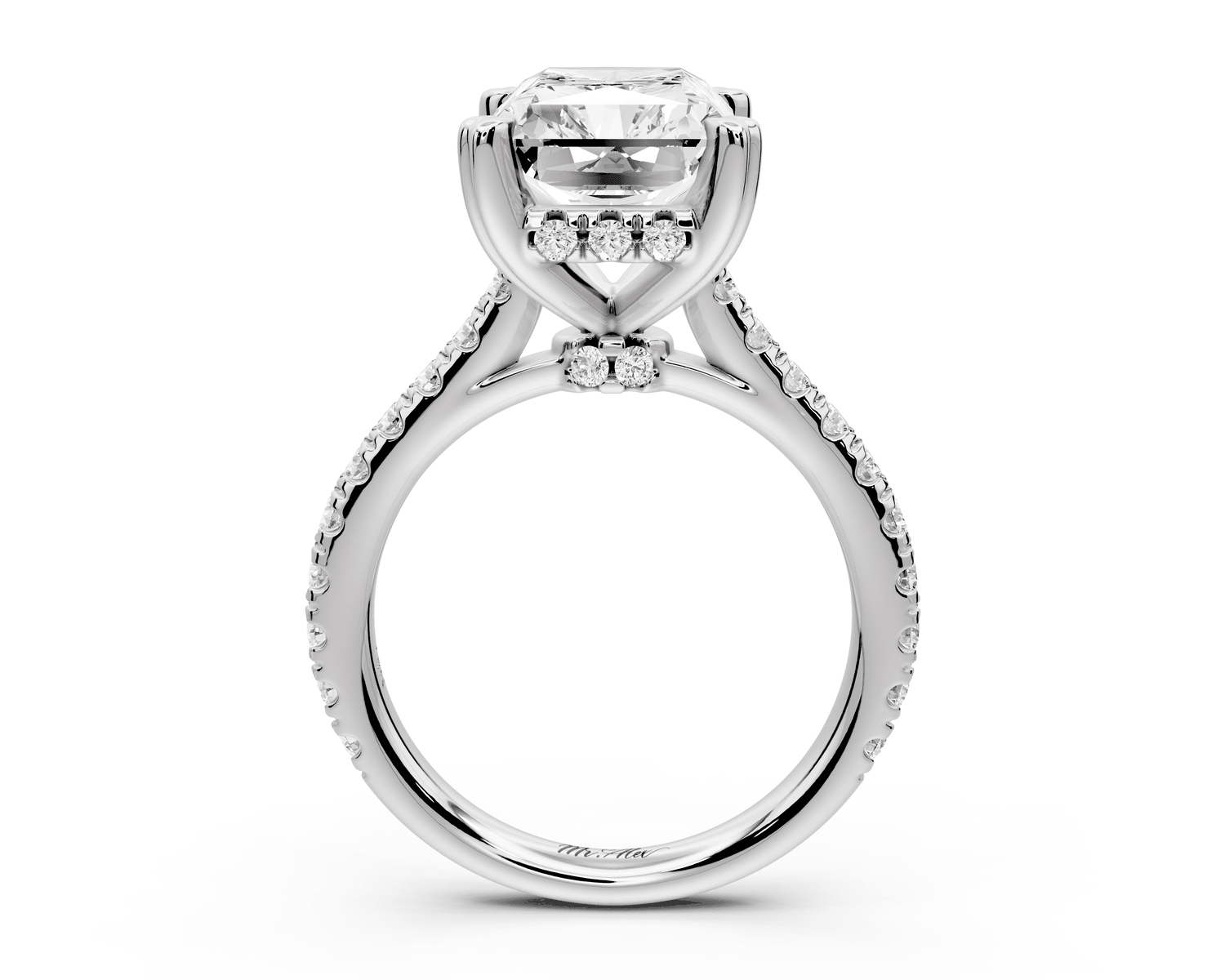 Isabella - 5ct 14k white gold radiant hidden halo diamond bridge cathedral pavé engagement ring - Mr. Alex Jewelry
