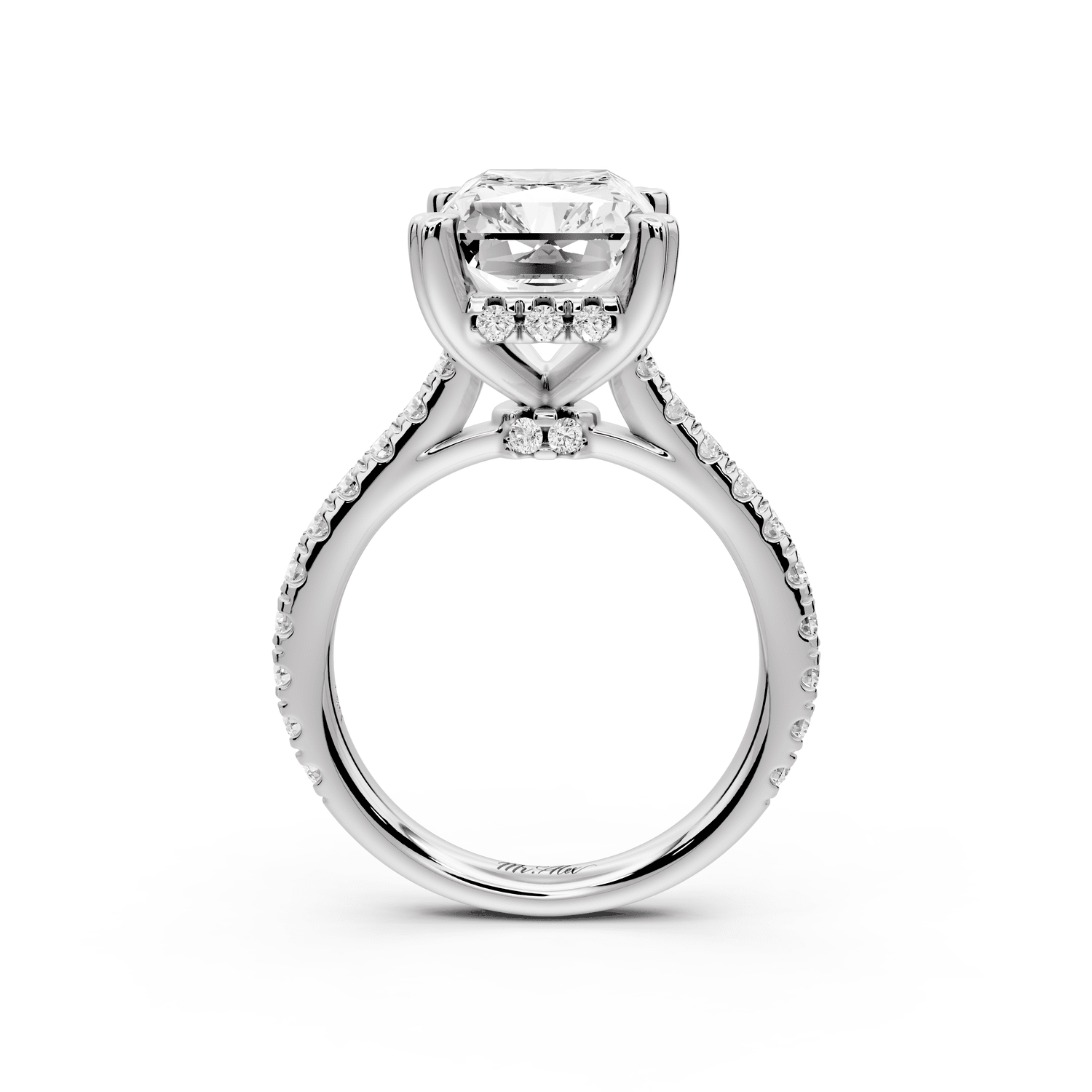 Isabella - 5ct 14k white gold radiant hidden halo diamond bridge cathedral pavé engagement ring - Mr. Alex Jewelry