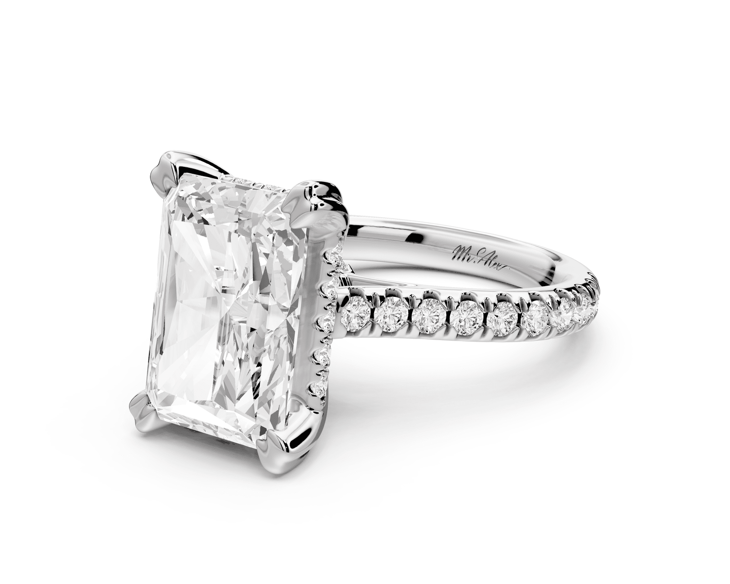 Isabella - 5ct 14k white gold radiant hidden halo diamond bridge cathedral pavé engagement ring - Mr. Alex Jewelry
