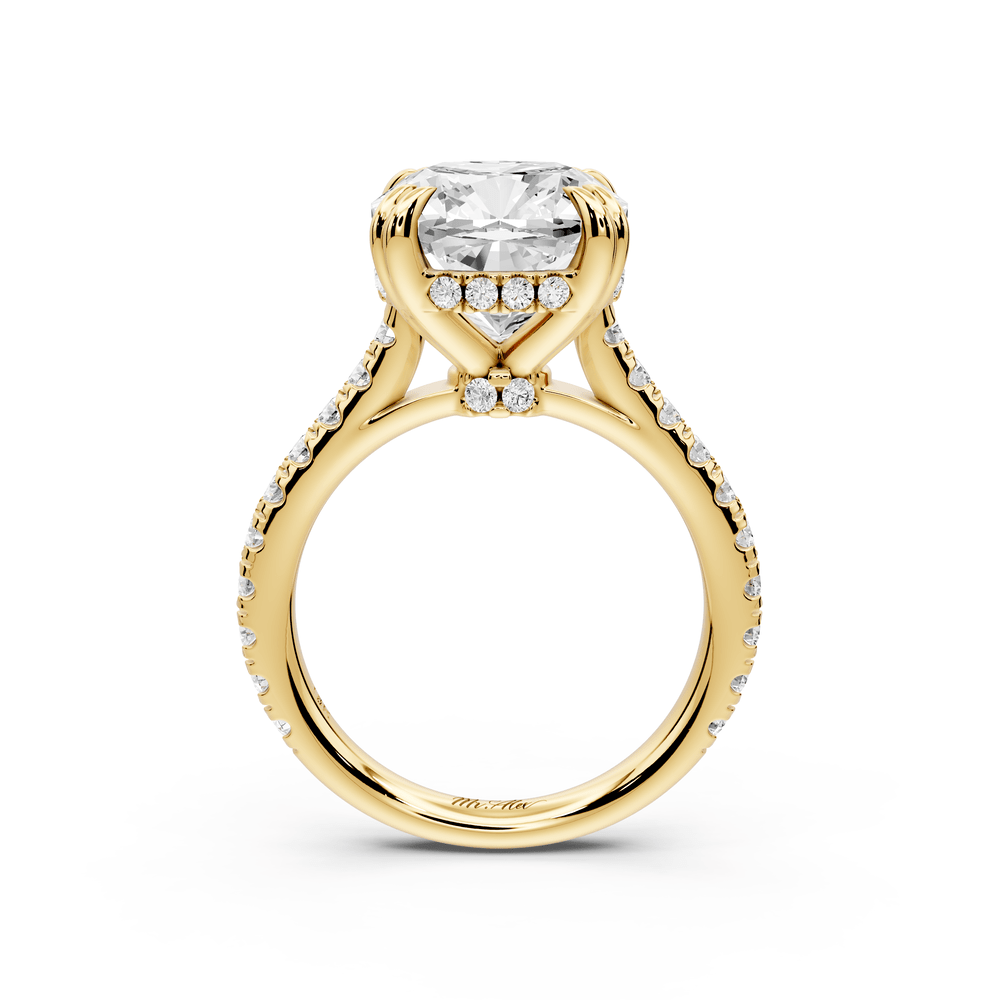 Isabella - 5ct 14k yellow gold cushion hidden halo diamond bridge cathedral pavé engagement ring - Mr. Alex Jewelry