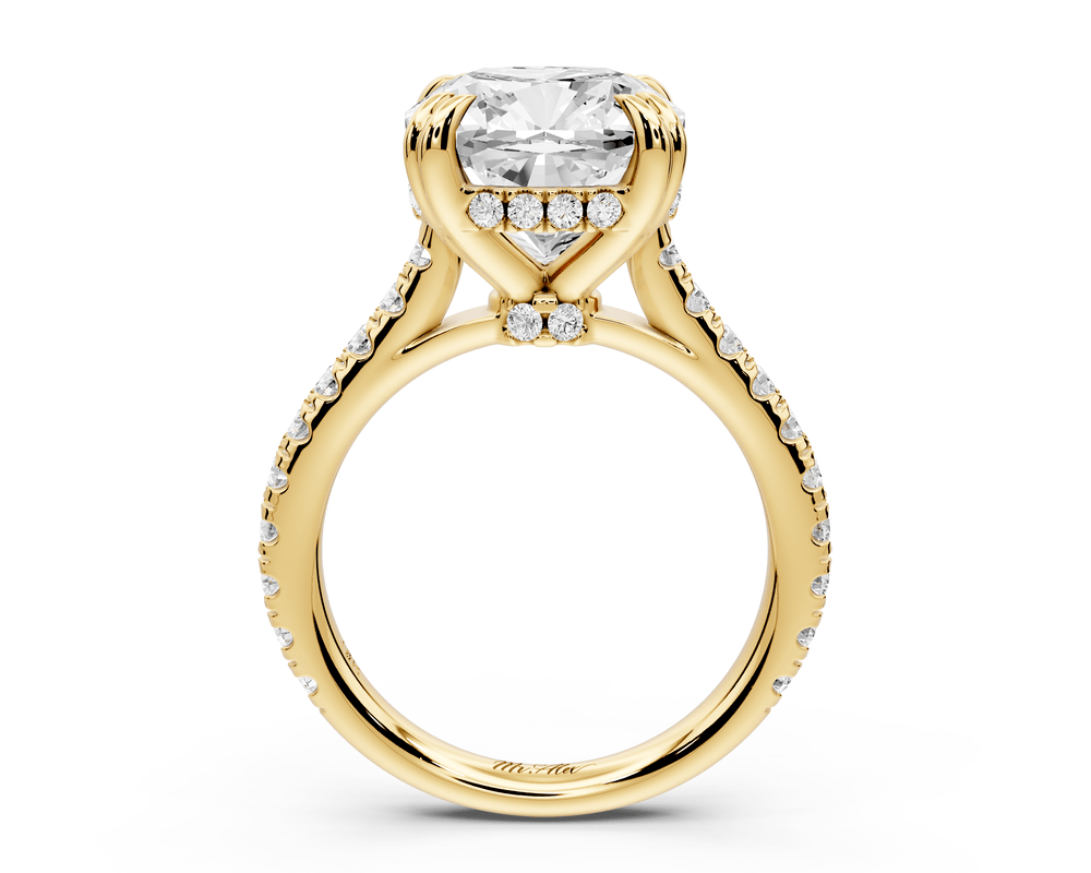 Isabella - 5ct 14k yellow gold cushion hidden halo diamond bridge cathedral pavé engagement ring - Mr. Alex Jewelry