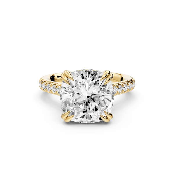 Isabella - 5ct 14k yellow gold cushion hidden halo diamond bridge cathedral pavé engagement ring - Mr. Alex Jewelry