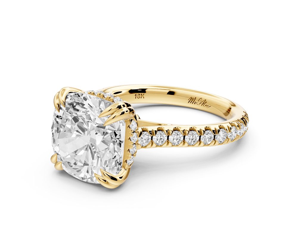 Isabella - 5ct 14k yellow gold cushion hidden halo diamond bridge cathedral pavé engagement ring - Mr. Alex Jewelry