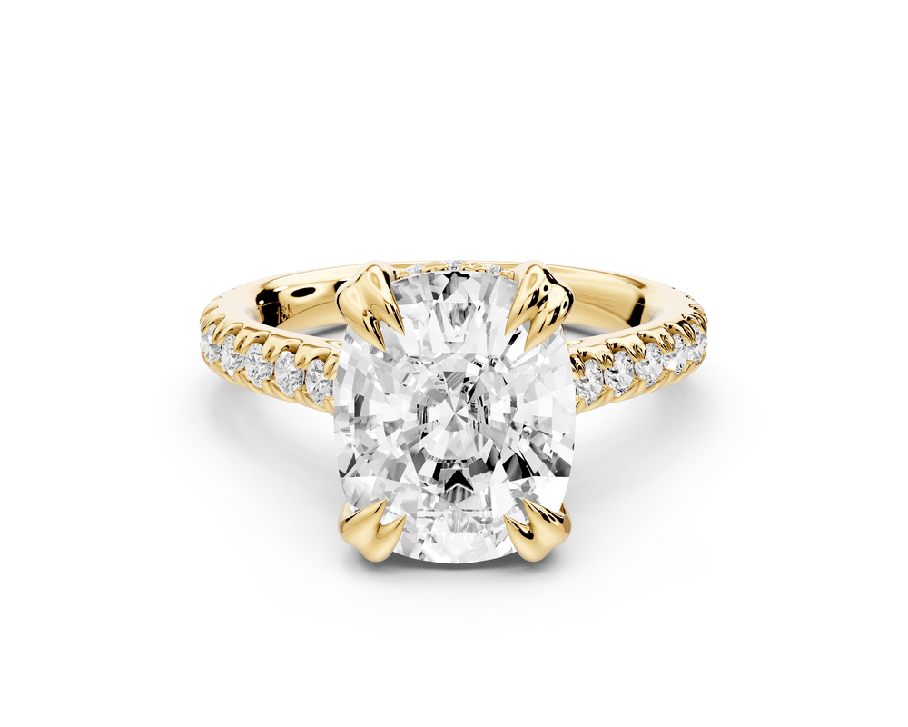 Isabella - 5ct 14k yellow gold ecushion hidden halo diamond bridge cathedral pavé engagement ring - Mr. Alex Jewelry