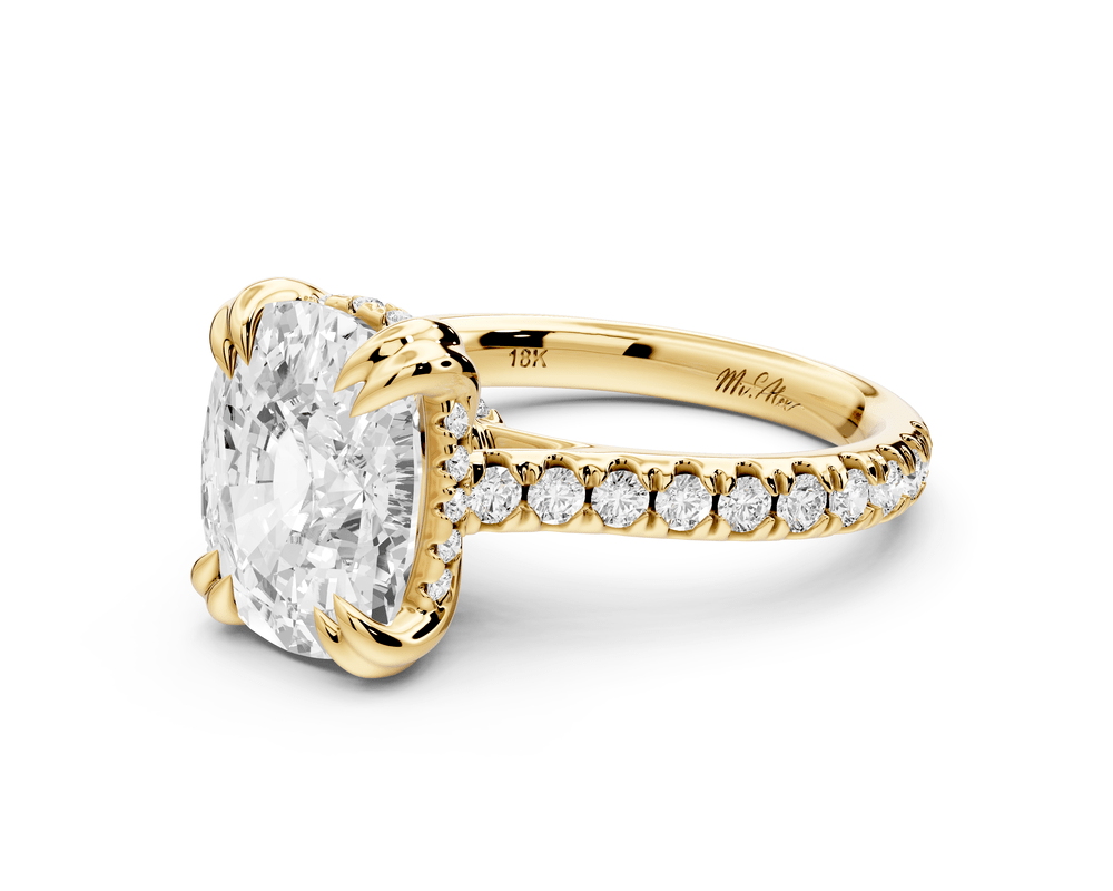 Isabella - 5ct 14k yellow gold ecushion hidden halo diamond bridge cathedral pavé engagement ring - Mr. Alex Jewelry