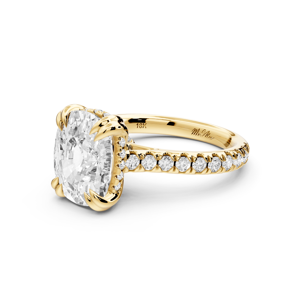 Isabella - 5ct 14k yellow gold ecushion hidden halo diamond bridge cathedral pavé engagement ring - Mr. Alex Jewelry