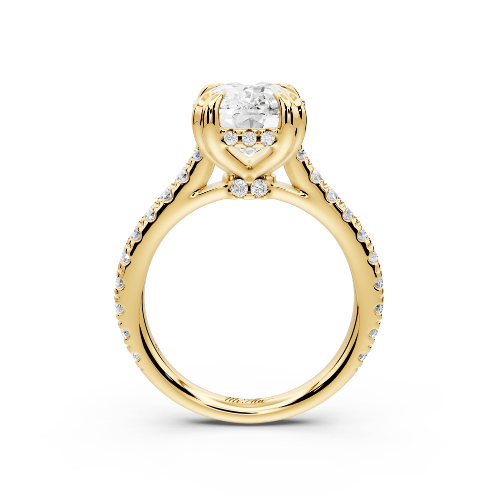 Isabella - 5ct 14k yellow gold ecushion hidden halo diamond bridge cathedral pavé engagement ring - Mr. Alex Jewelry