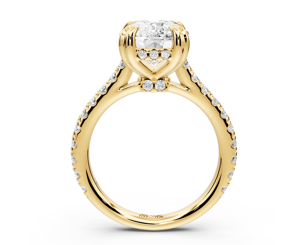 Isabella - 5ct 14k yellow gold ecushion hidden halo diamond bridge cathedral pavé engagement ring - Mr. Alex Jewelry