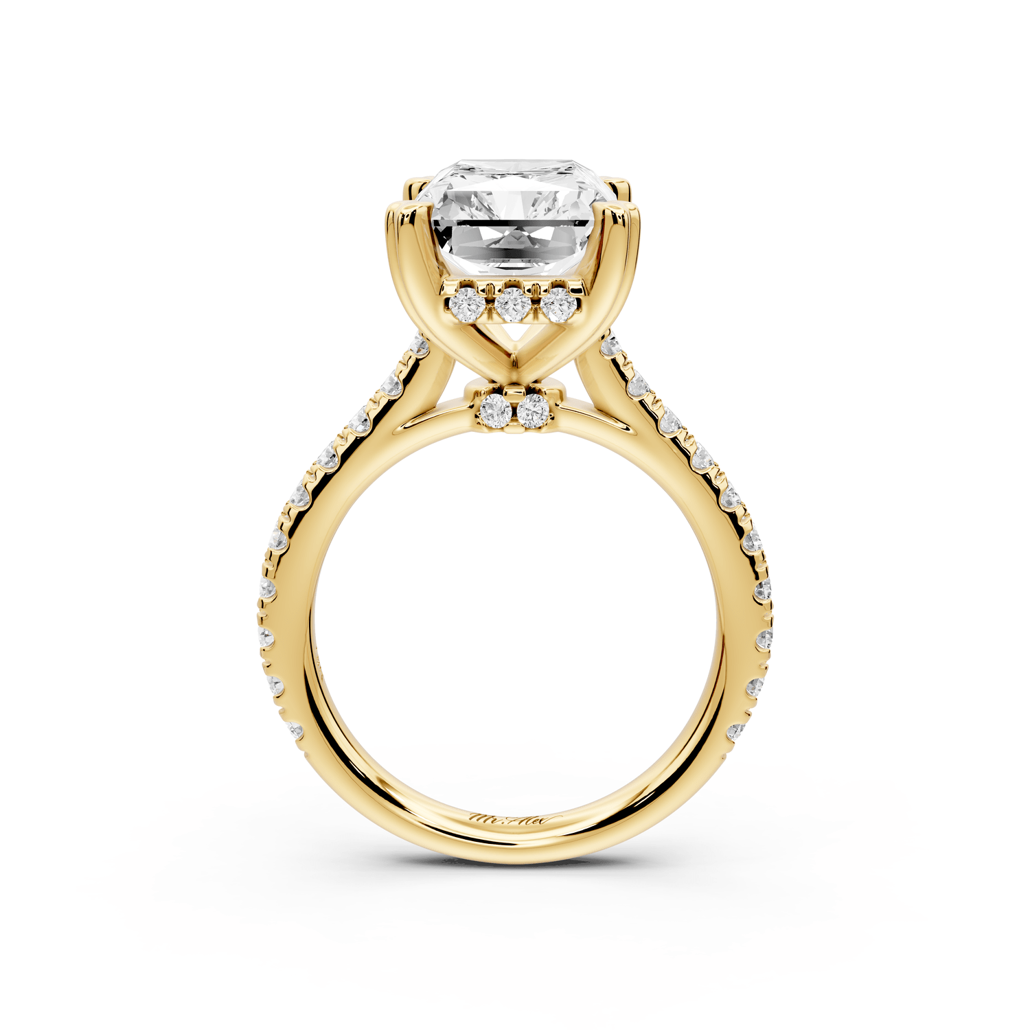 Isabella - 5ct 14k yellow gold radiant hidden halo diamond bridge cathedral pavé engagement ring - Mr. Alex Jewelry