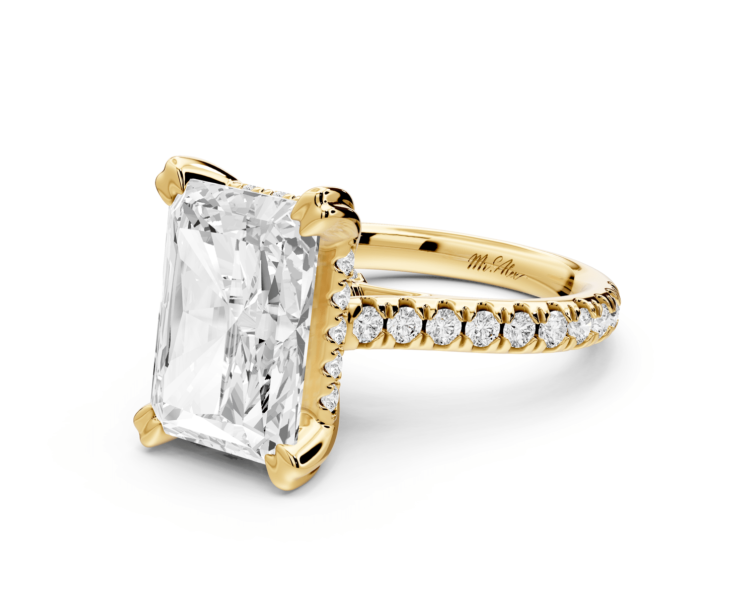 Isabella - 5ct 14k yellow gold radiant hidden halo diamond bridge cathedral pavé engagement ring - Mr. Alex Jewelry