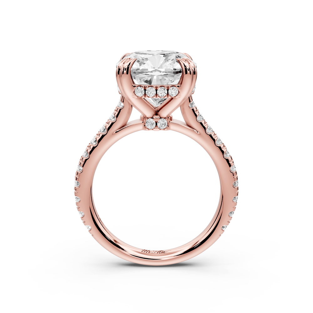 Isabella - 5ct 18k rose gold cushion hidden halo diamond bridge cathedral pavé engagement ring - Mr. Alex Jewelry