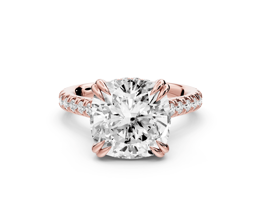 Isabella - 5ct 18k rose gold cushion hidden halo diamond bridge cathedral pavé engagement ring - Mr. Alex Jewelry