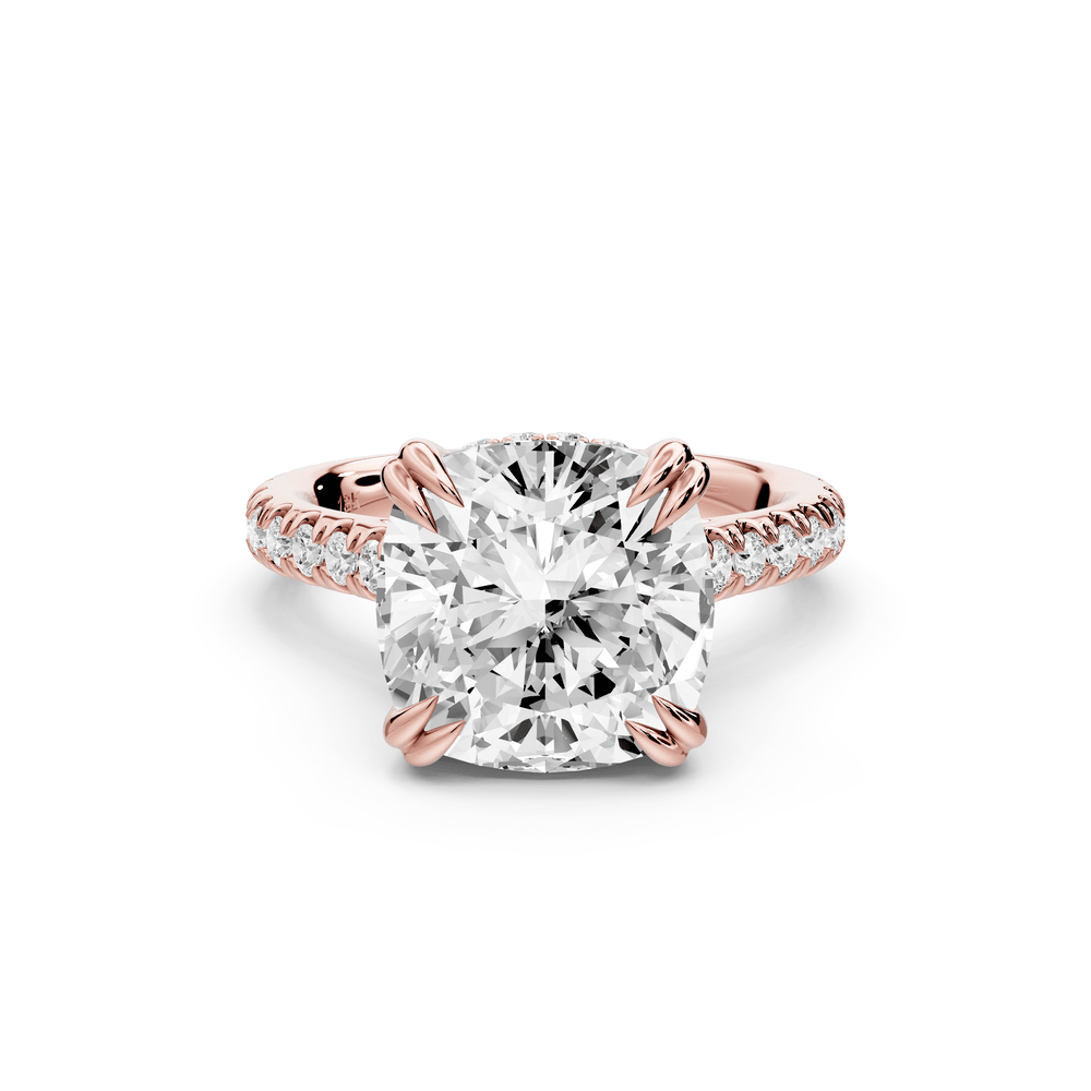 Isabella - 5ct 18k rose gold cushion hidden halo diamond bridge cathedral pavé engagement ring - Mr. Alex Jewelry