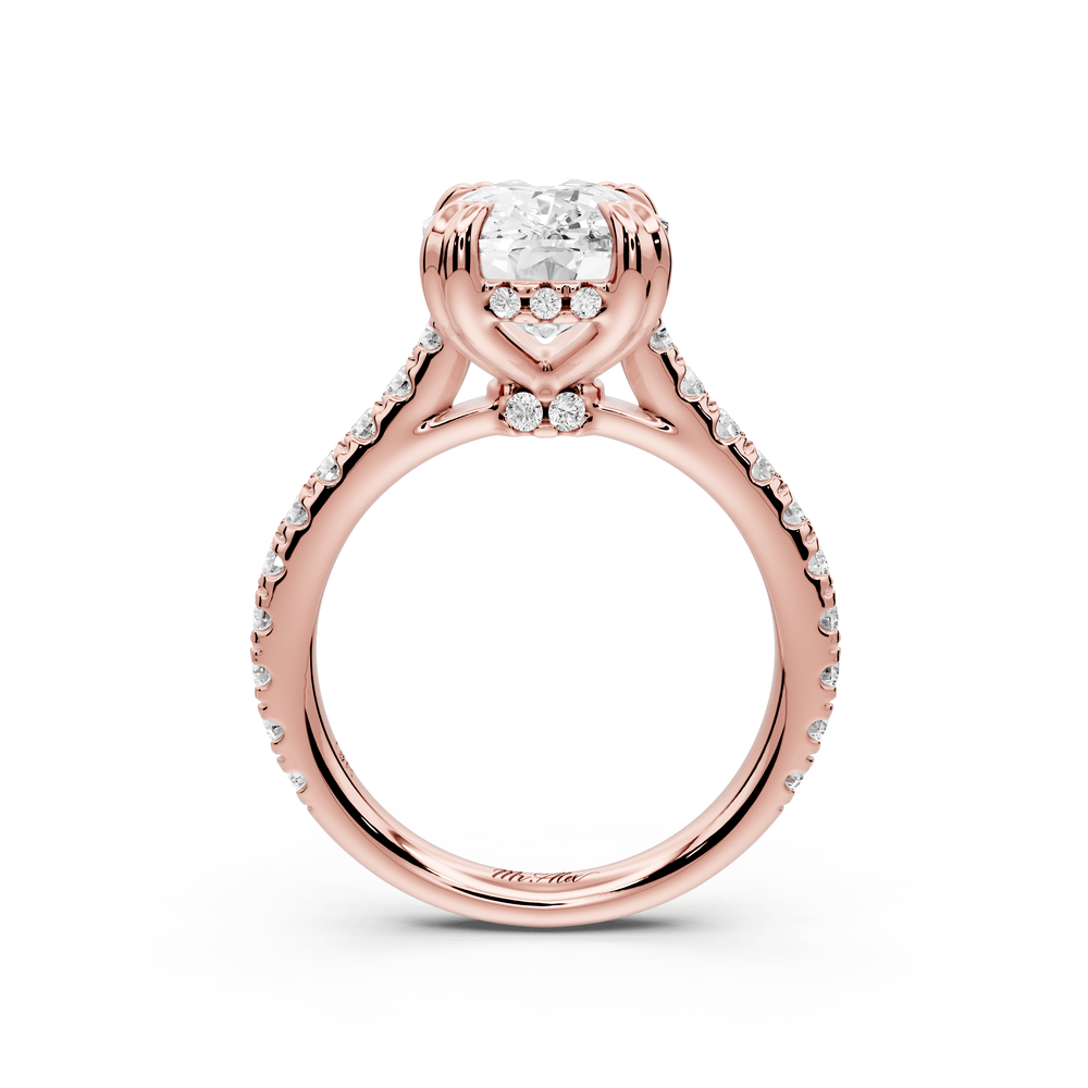 Isabella - 5ct 18k rose gold ecushion hidden halo diamond bridge cathedral pavé engagement ring - Mr. Alex Jewelry
