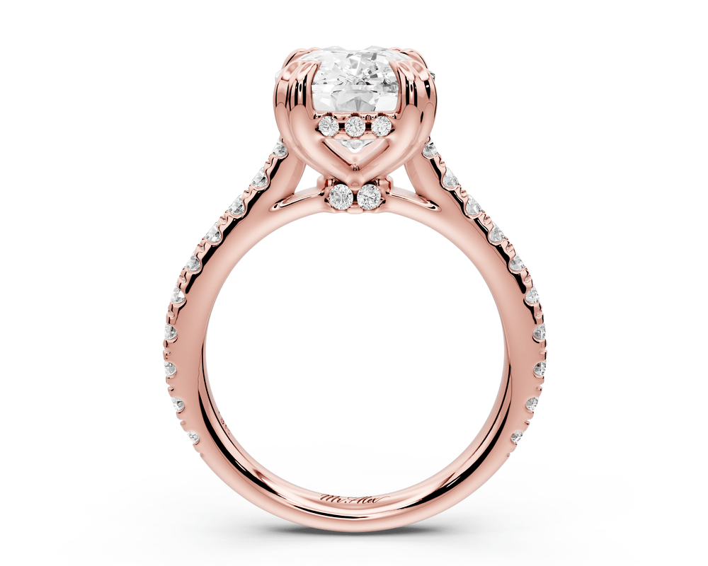 Isabella - 5ct 18k rose gold ecushion hidden halo diamond bridge cathedral pavé engagement ring - Mr. Alex Jewelry