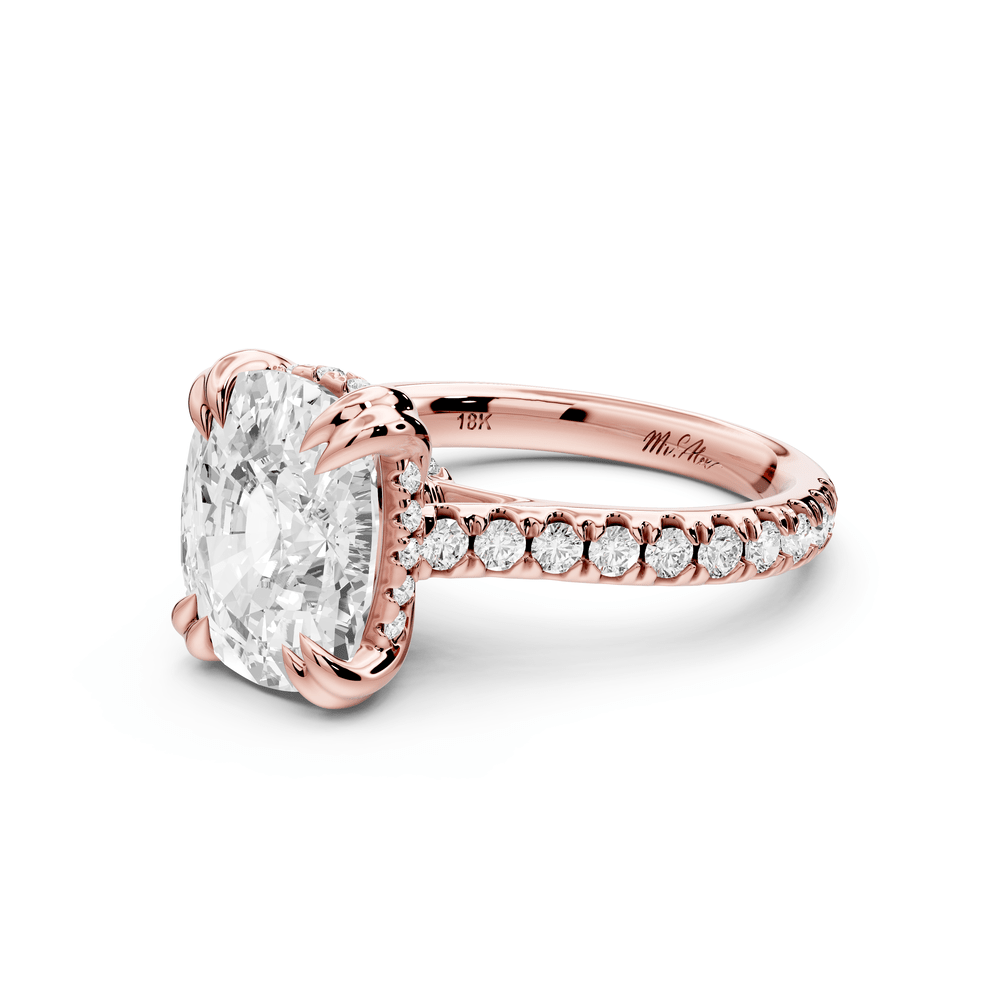 Isabella - 5ct 18k rose gold ecushion hidden halo diamond bridge cathedral pavé engagement ring - Mr. Alex Jewelry