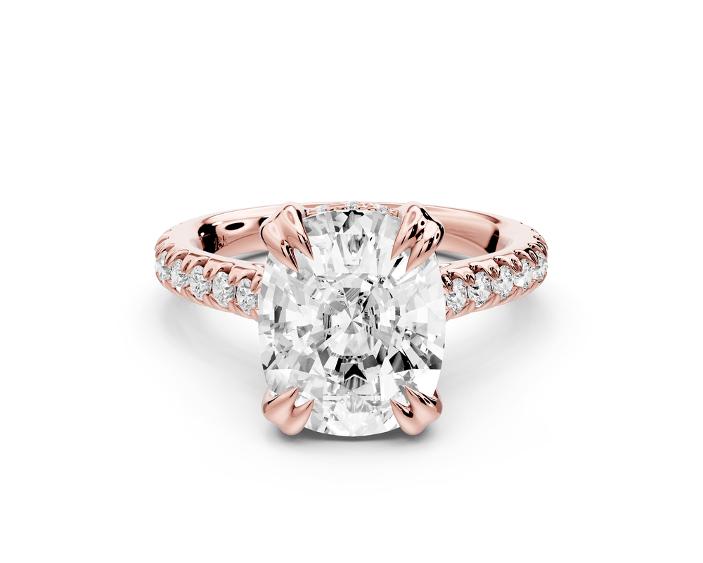 Isabella - 5ct 18k rose gold ecushion hidden halo diamond bridge cathedral pavé engagement ring - Mr. Alex Jewelry