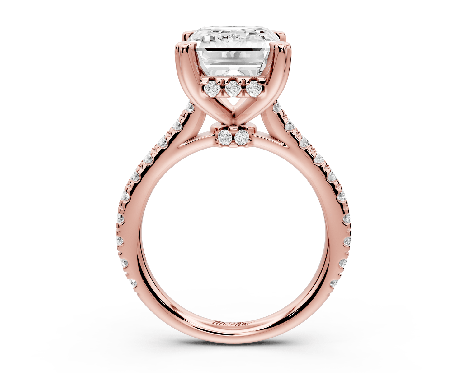 Isabella - 5ct 18k rose gold emerald hidden halo diamond bridge cathedral pavé Engagement ring - Mr. Alex Jewelry