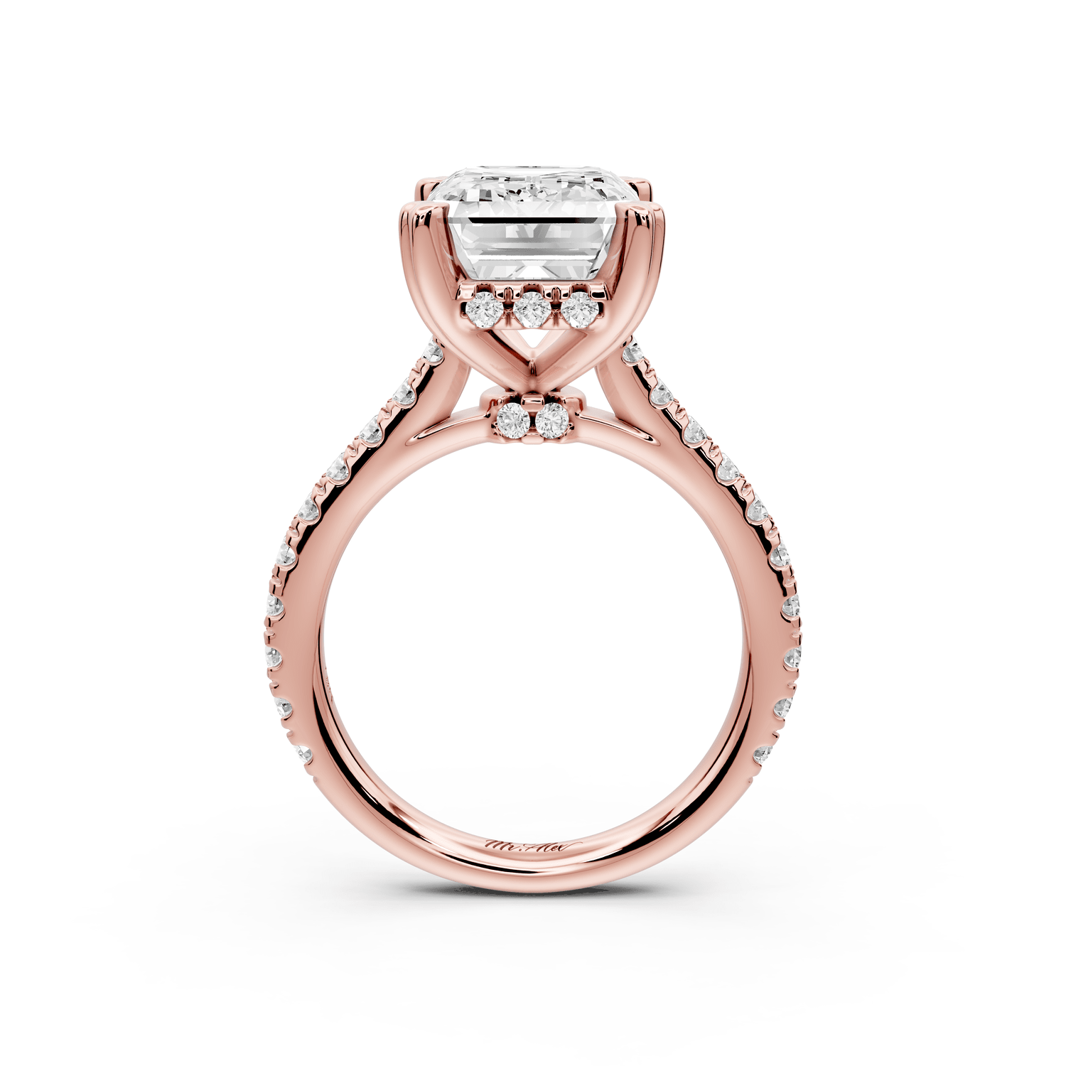 Isabella - 5ct 18k rose gold emerald hidden halo diamond bridge cathedral pavé Engagement ring - Mr. Alex Jewelry
