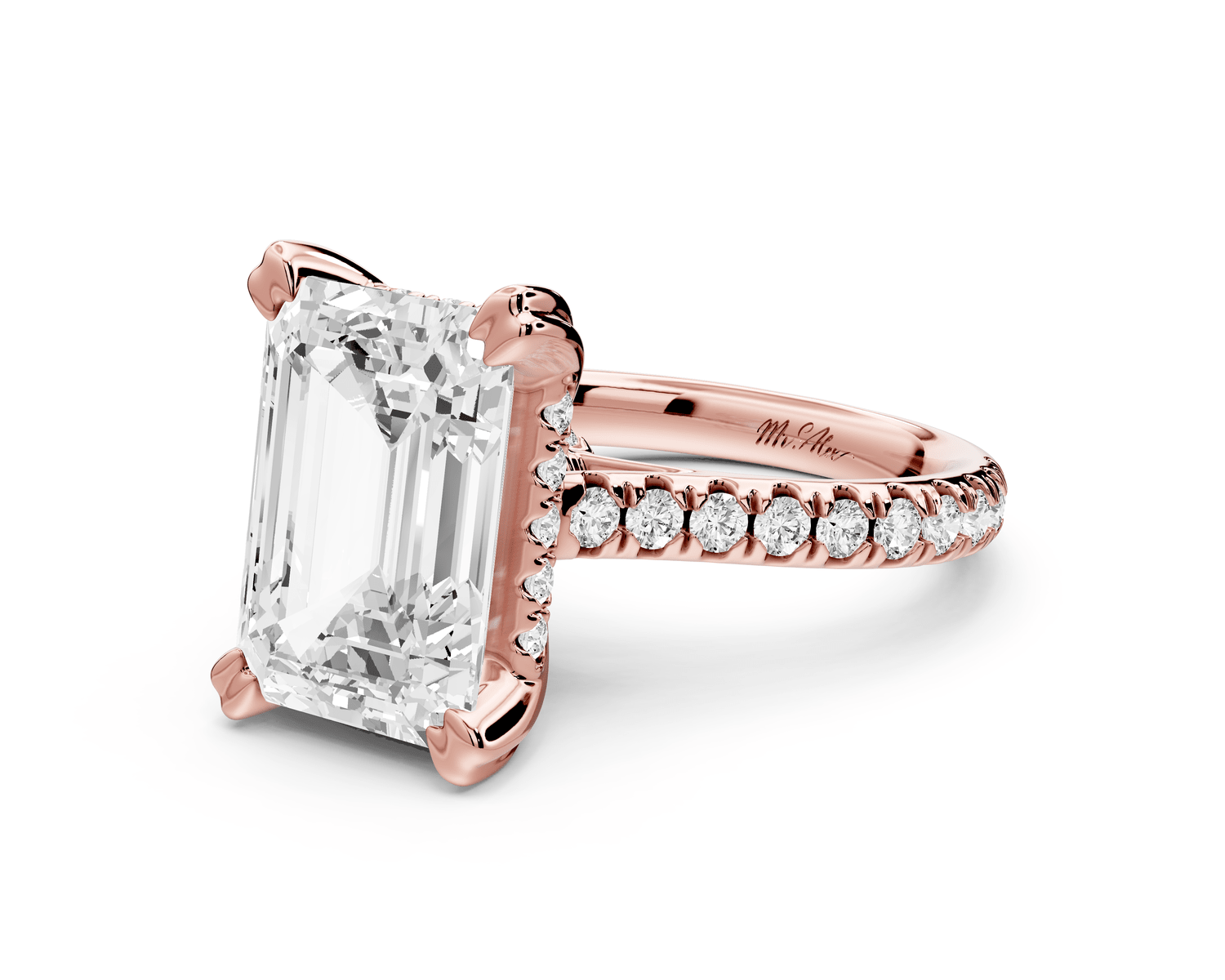 Isabella - 5ct 18k rose gold emerald hidden halo diamond bridge cathedral pavé Engagement ring - Mr. Alex Jewelry