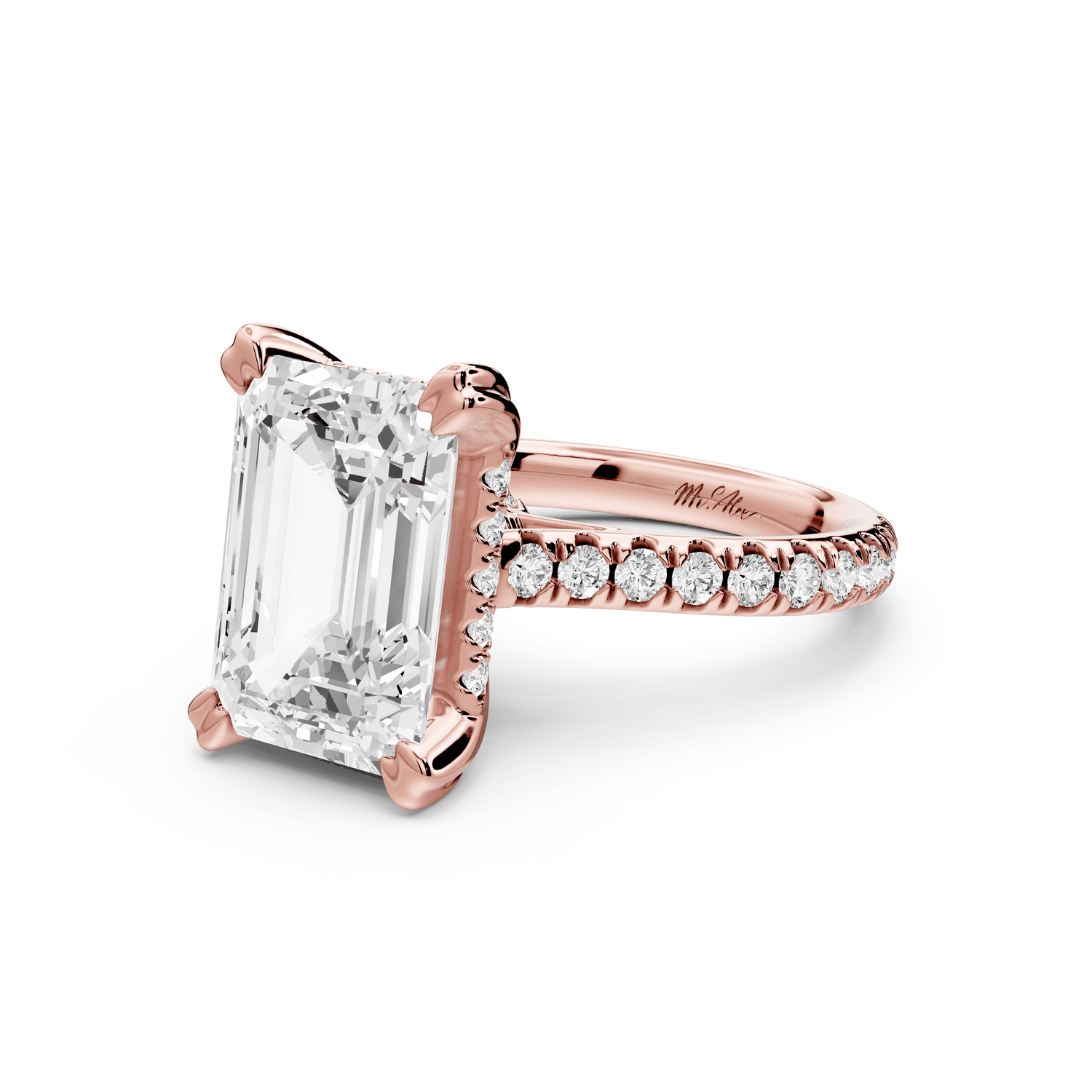 Isabella - 5ct 18k rose gold emerald hidden halo diamond bridge cathedral pavé Engagement ring - Mr. Alex Jewelry