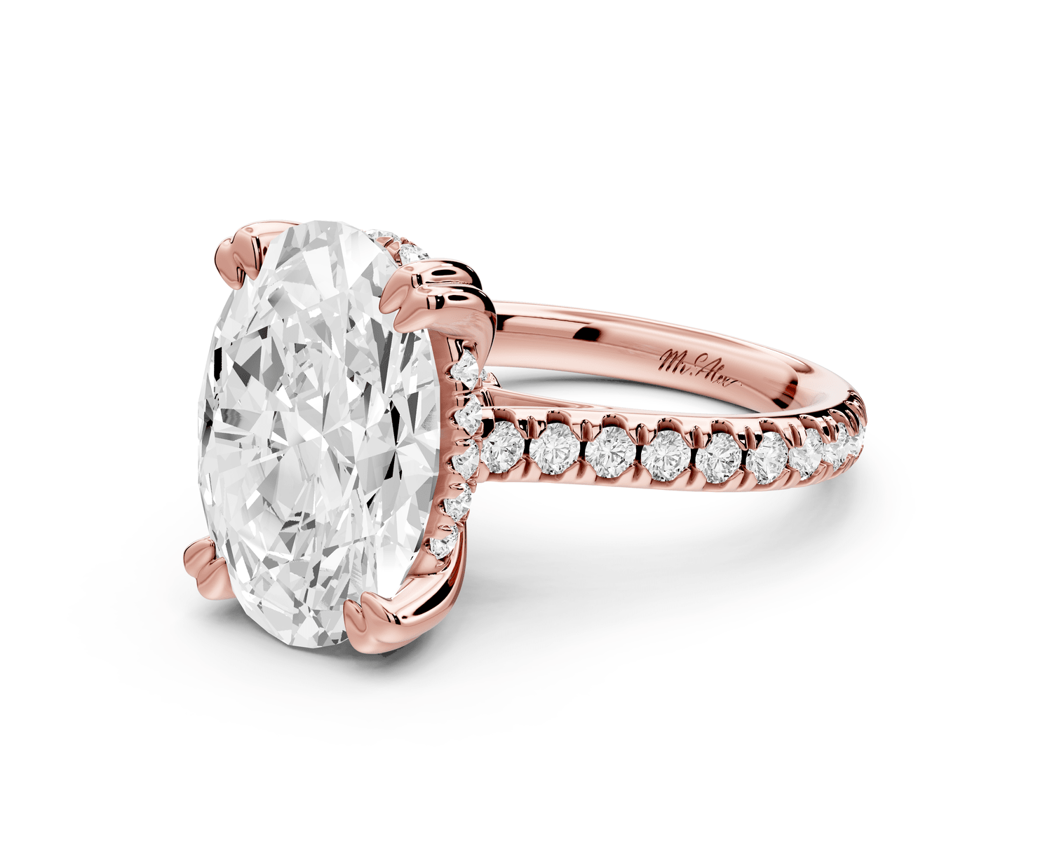 Isabella - 5ct 18k rose gold oval hidden halo diamond bridge cathedral pavé Engagement ring - Mr. Alex Jewelry
