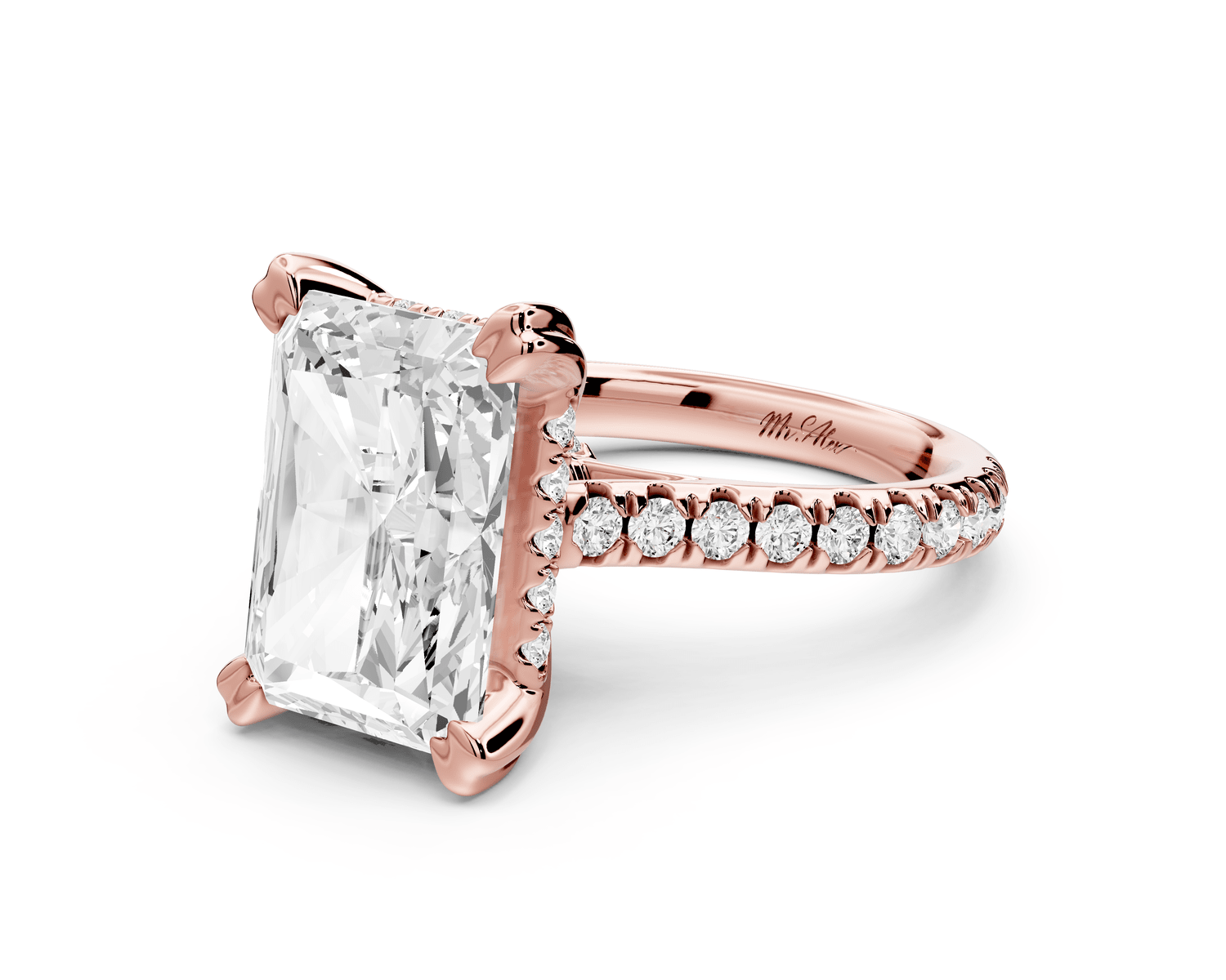 Isabella - 5ct 18k rose gold radiant hidden halo diamond bridge cathedral pavé engagement ring - Mr. Alex Jewelry