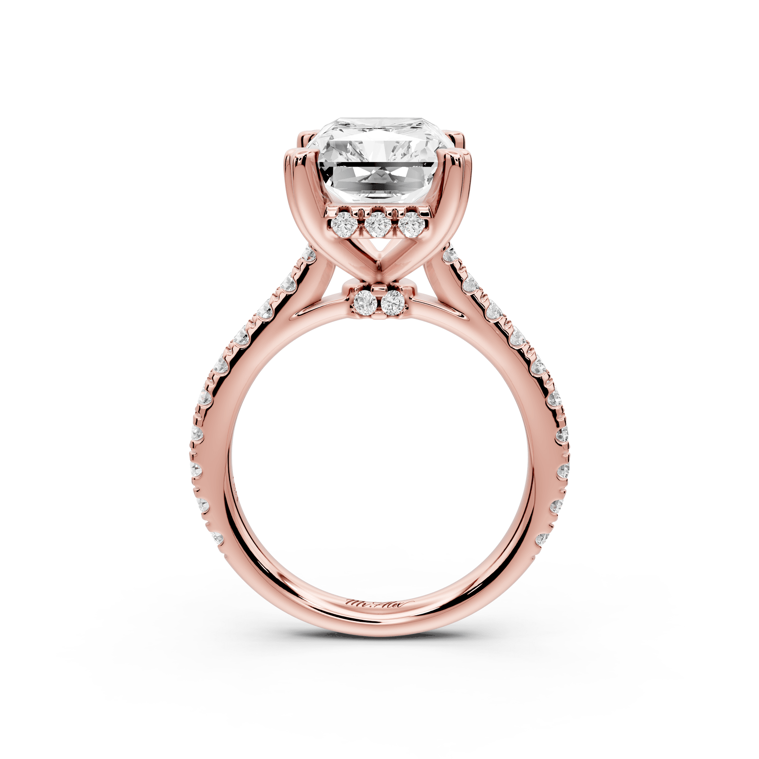 Isabella - 5ct 18k rose gold radiant hidden halo diamond bridge cathedral pavé engagement ring - Mr. Alex Jewelry