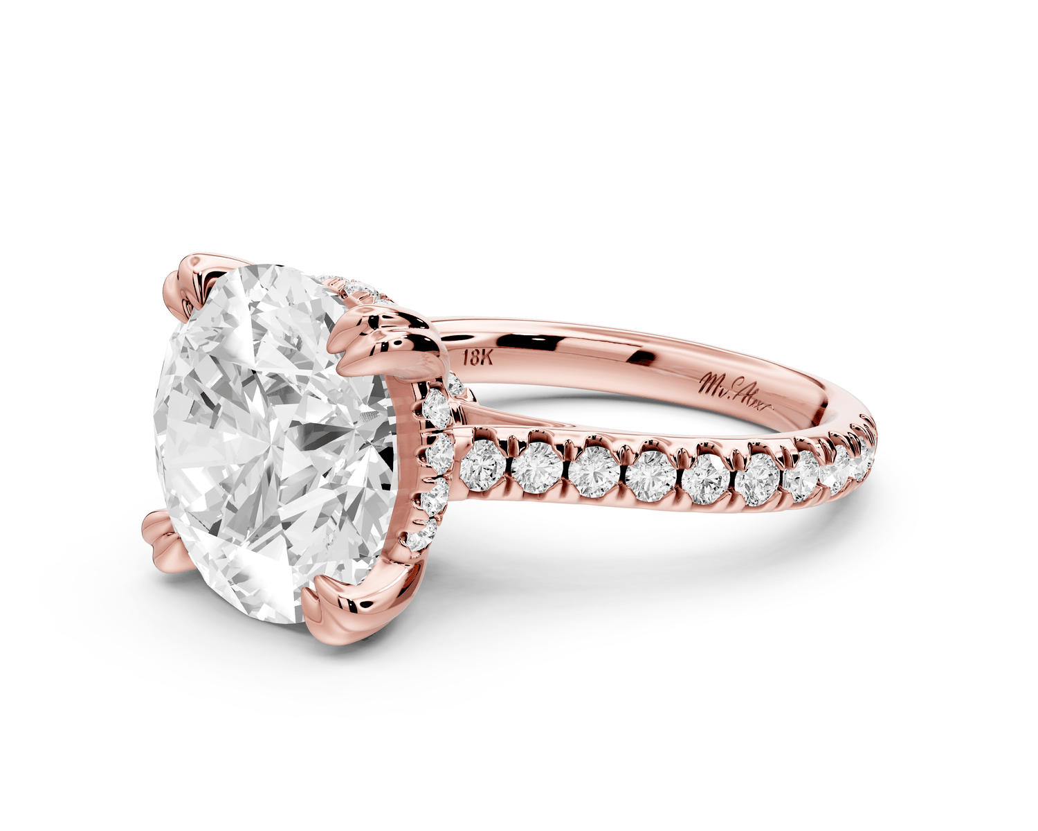 Isabella - 5ct 18k rose gold round hidden halo diamond bridge cathedral pavé engagment ring - Mr. Alex Jewelry