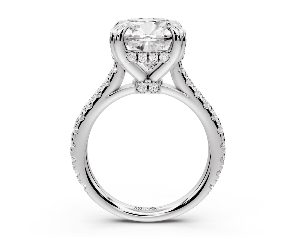 Isabella - 5ct 18k white gold cushion hidden halo diamond bridge cathedral pavé engagement ring - Mr. Alex Jewelry