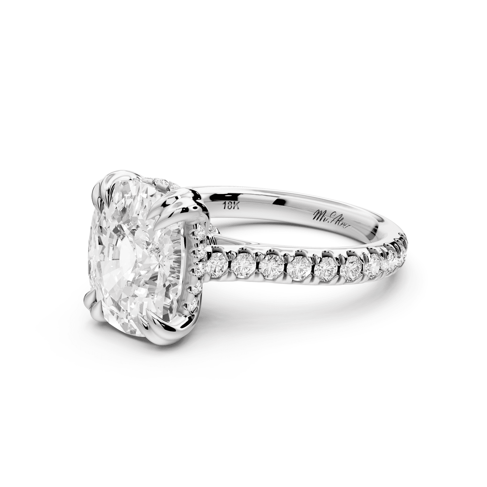 Isabella - 5ct 18k white gold ecushion hidden halo diamond bridge cathedral pavé engagement ring - Mr. Alex Jewelry