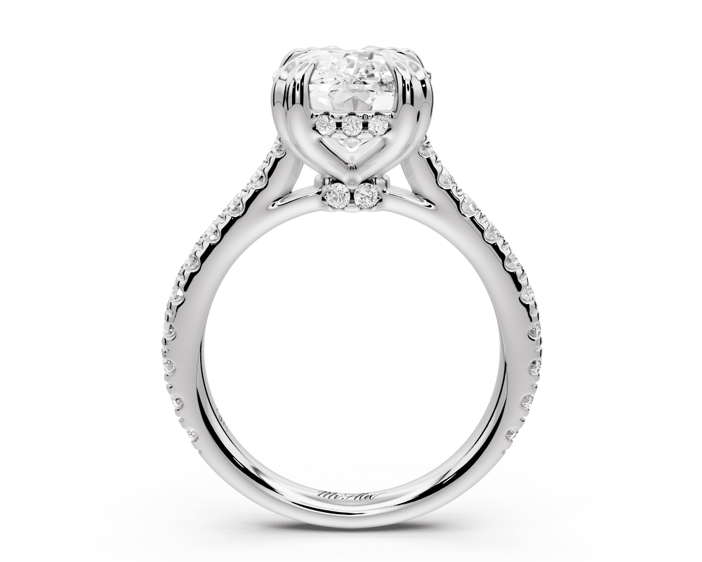 Isabella - 5ct 18k white gold ecushion hidden halo diamond bridge cathedral pavé engagement ring - Mr. Alex Jewelry