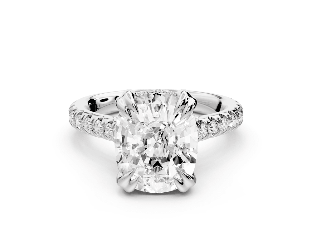 Isabella - 5ct 18k white gold ecushion hidden halo diamond bridge cathedral pavé engagement ring - Mr. Alex Jewelry