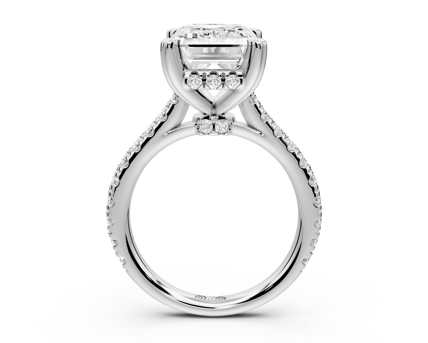 Isabella - 5ct 18k white gold emerald hidden halo diamond bridge cathedral pavé Engagement ring - Mr. Alex Jewelry