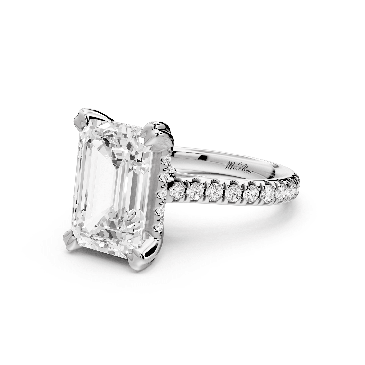 Isabella - 5ct 18k white gold emerald hidden halo diamond bridge cathedral pavé Engagement ring - Mr. Alex Jewelry