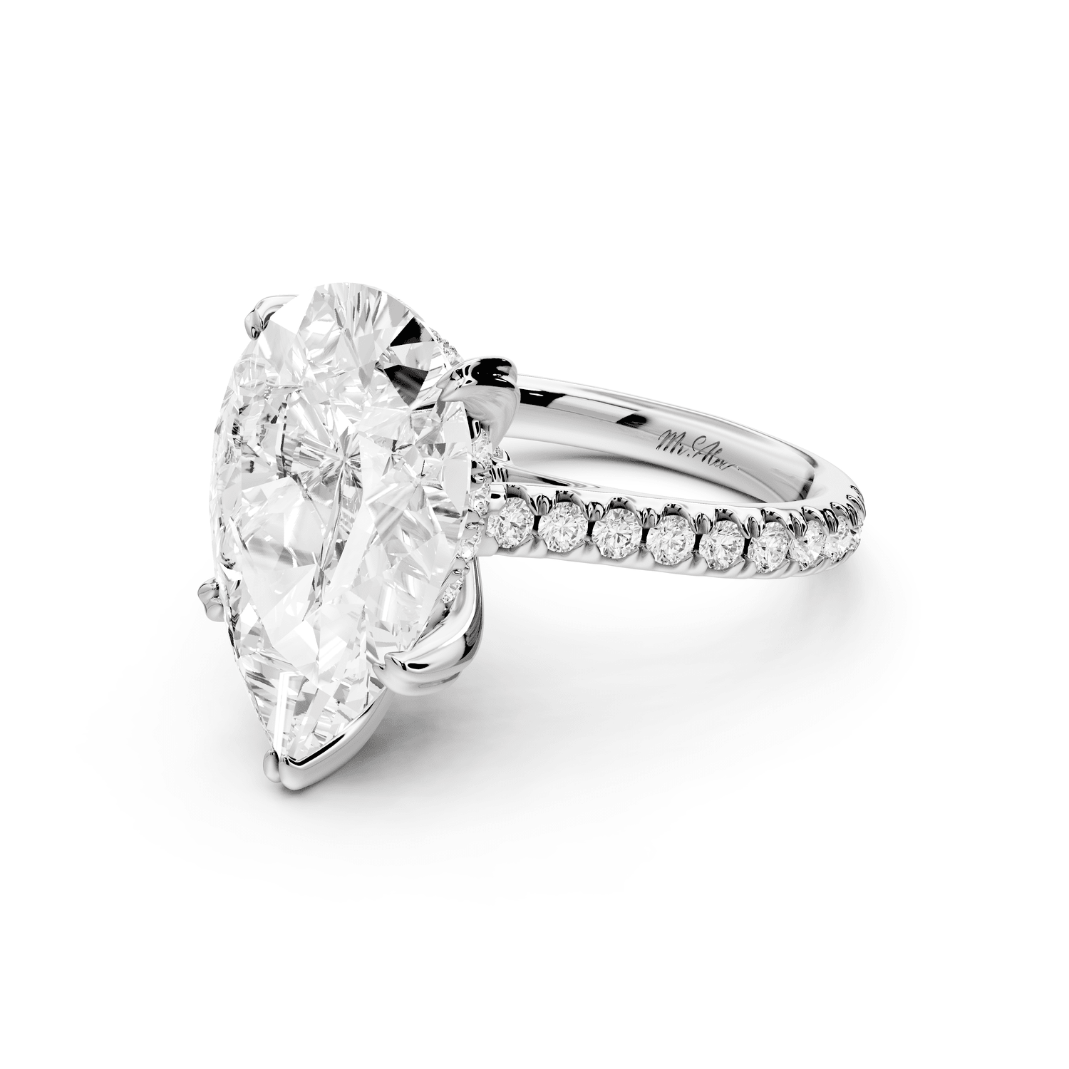 Isabella - 5ct 18k white gold pear hidden halo diamond bridge cathedral pavé Engagement ring - Mr. Alex Jewelry