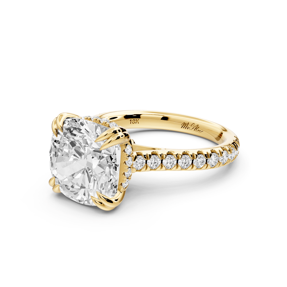 Isabella - 5ct 18k yellow gold cushion hidden halo diamond bridge cathedral pavé engagement ring - Mr. Alex Jewelry
