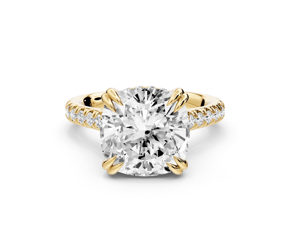 Isabella - 5ct 18k yellow gold cushion hidden halo diamond bridge cathedral pavé engagement ring - Mr. Alex Jewelry