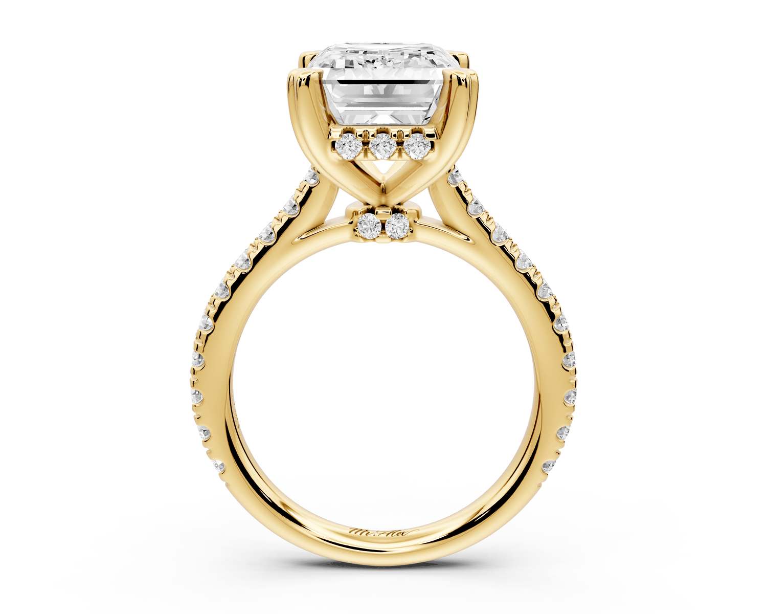Isabella - 5ct 18k yellow gold emerald hidden halo diamond bridge cathedral pavé Engagement ring - Mr. Alex Jewelry