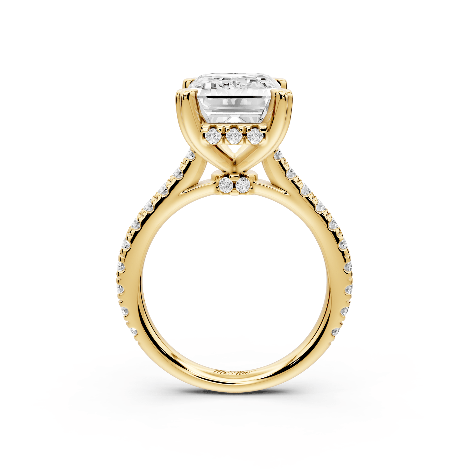 Isabella - 5ct 18k yellow gold emerald hidden halo diamond bridge cathedral pavé Engagement ring - Mr. Alex Jewelry