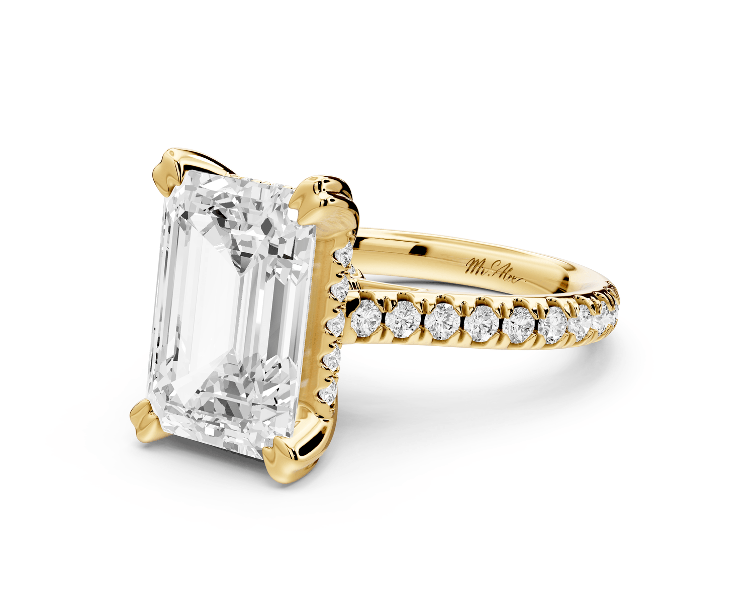 Isabella - 5ct 18k yellow gold emerald hidden halo diamond bridge cathedral pavé Engagement ring - Mr. Alex Jewelry