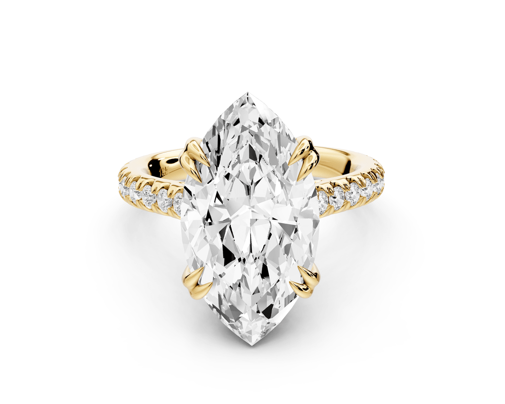 Isabella - 5ct 18k yellow gold marquise hidden halo diamond bridge cathedral pavé engagement ring - Mr. Alex Jewelry